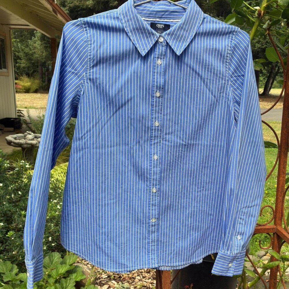tailored blue and white pinstriped button down made by Chaps ralph lauren